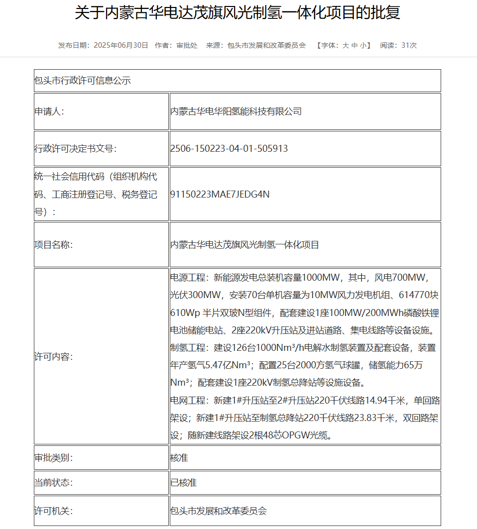 70臺10MW！華電風光制氫一體化項目獲批復